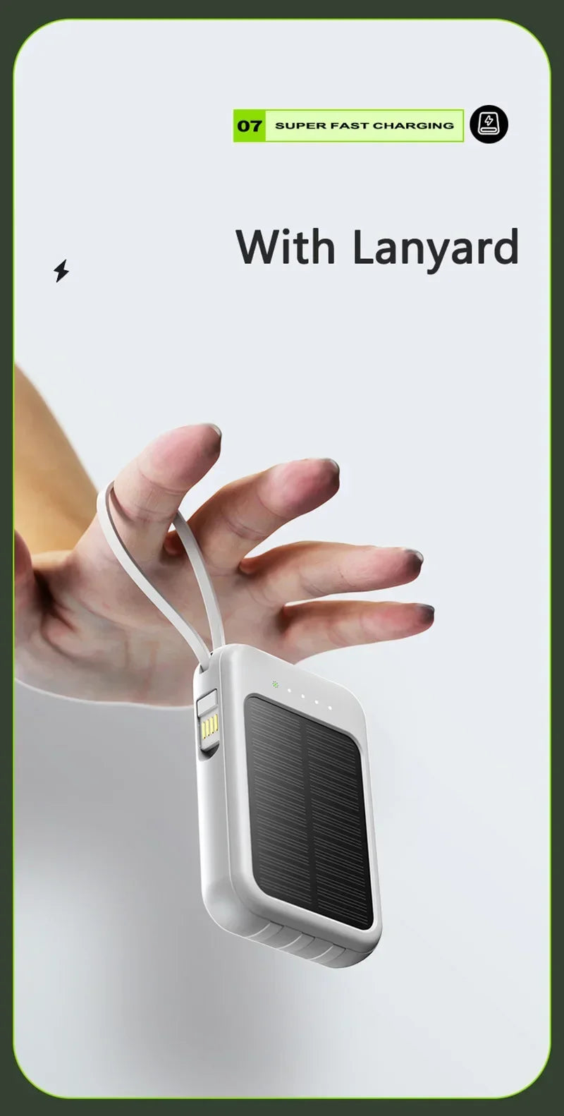 5000/10000/20000mAh High Capacity Solar Power Bank with Built-in Cables and LED Light