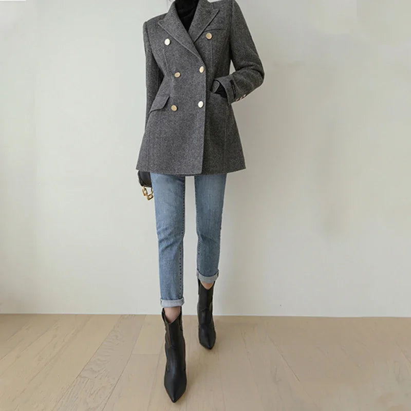 Women's Double Breasted Wool Coat in Solid Color