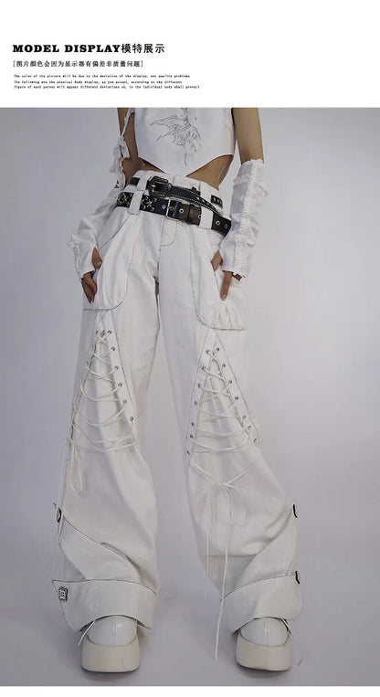 Y2K Low Waist White Jeans with Bandage Detail and Baggy Fit