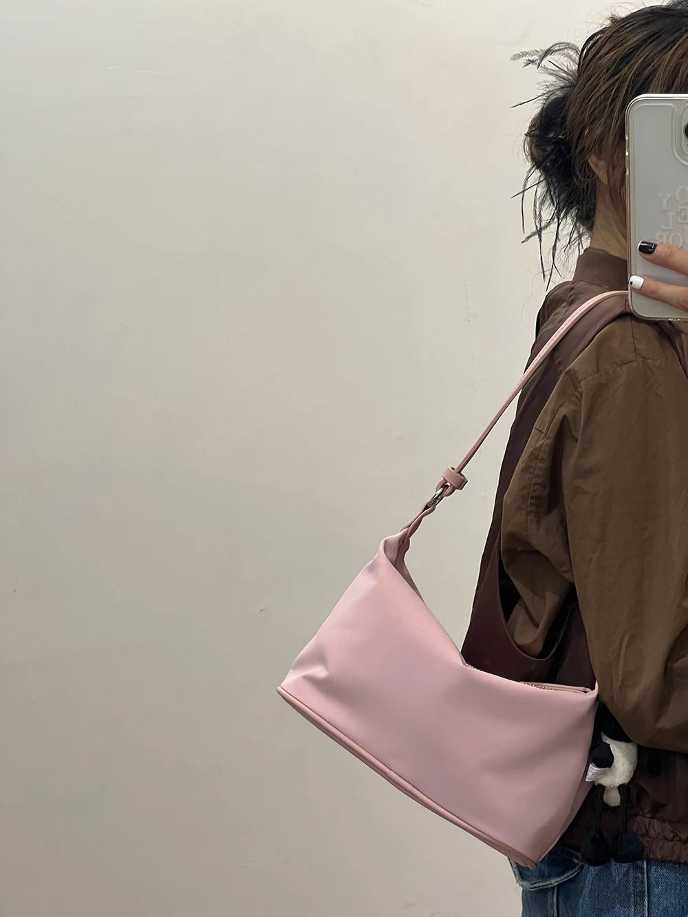 Baby Pink Nylon Underarm Bag – Lightweight Korean-Style Shoulder Handbag with Soft Texture