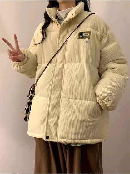 Oversized Corduroy Puffer Coat with Pockets Warm and Retro Y2K Style