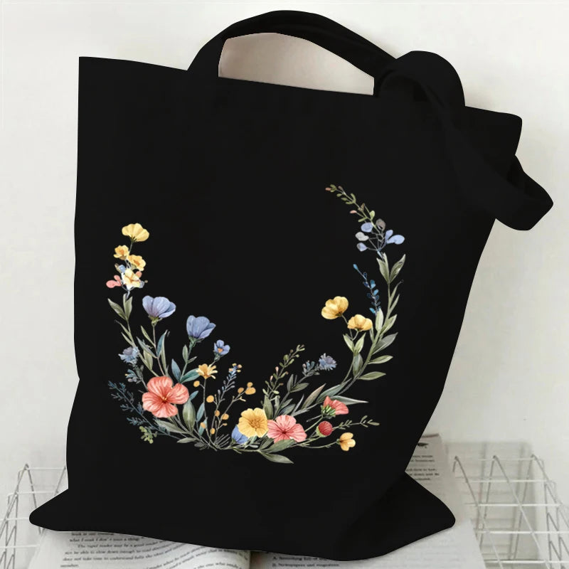 Boho Wildflowers Pattern Canvas Tote Bag – Retro Graphics Reusable Shopper Bag for Women, Stylish Cloth Handbag for Everyday Use