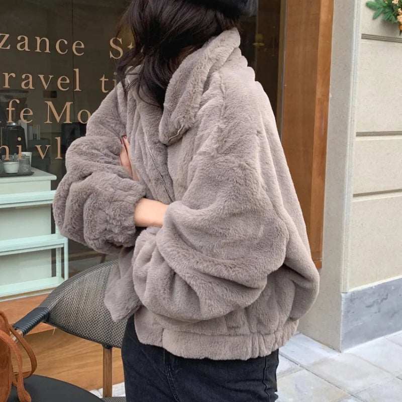 Women's Warm Plush Winter Jacket with Stand Collar