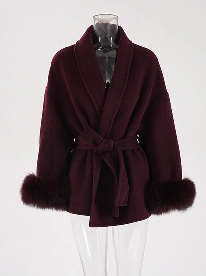 Wine Red Woolen Coat with Fur Cuffs and Belted Design