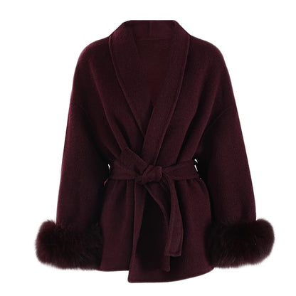 Wine Red Woolen Coat with Fur Cuffs and Belted Design