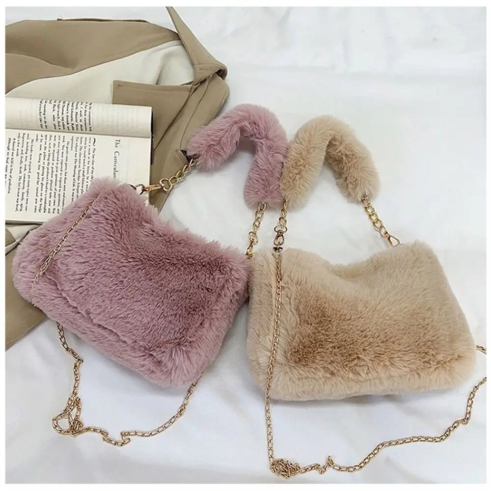 Fashion Women Fluffy Shoulder Bag – Winter Chain Underarm Bag with Soft Plush Handle