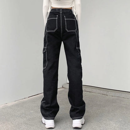 Baggy svarta jeans med vida ben med patchworkfickor och Streetwear-stil