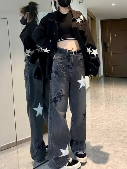 Star Print High Waist Jeans American Retro High Street Straight-leg Pants Patchwork Long Trousers Y2k Fashion Streetwear Baggy