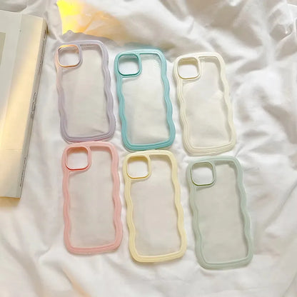 Fashion Transparent Curly Wave Case for iPhone 16 11 12 13 14 15 Pro Max 8 Plus X XR XS Shockproof Bumper Cover Capa Aesthetic