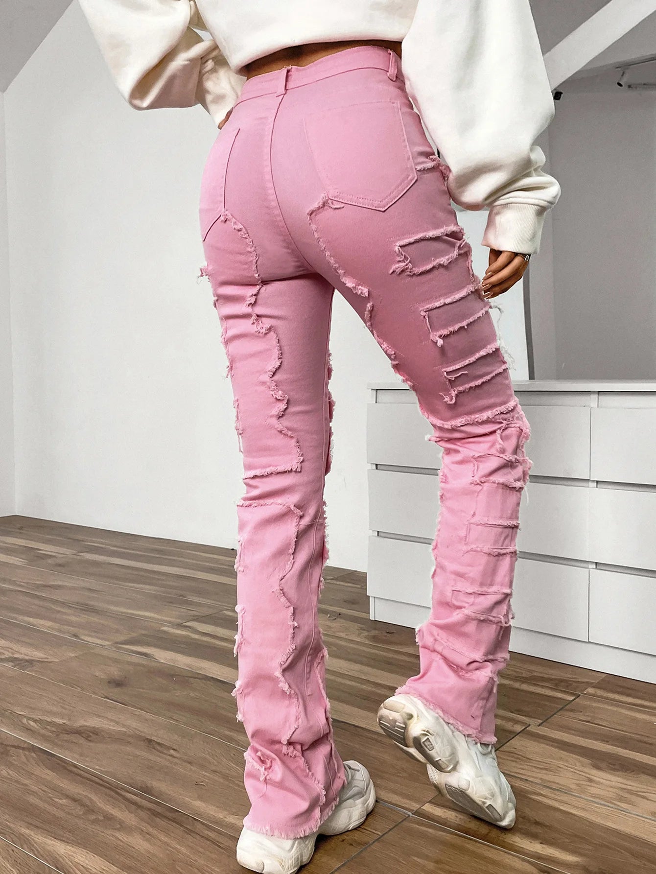 XURU-Elastic Patch Jeans for Women, Tear Layered, Straight Leg, European and American Wear, K16-CK3018, New