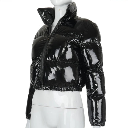 Women's Y2K PU Glossy Jacket with Standing Collar