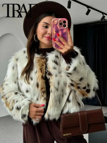 Elegant Printed Faux Fur Coat Long Sleeve Fluffy and Warm