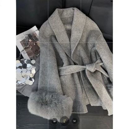 Women's Grey Wool Blend Overcoat with Faux Fur and Long Sleeves