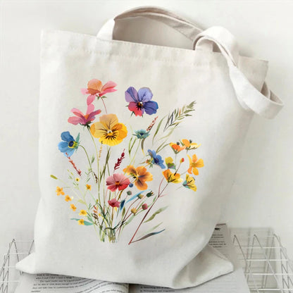 Boho Wildflowers Pattern Canvas Tote Bag – Retro Graphics Återanvändbar shoppingväska för kvinnor, snygg handväska i tyg för dagligt bruk