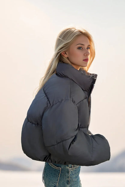 Women's Cropped Puffer Jacket with Stand Collar