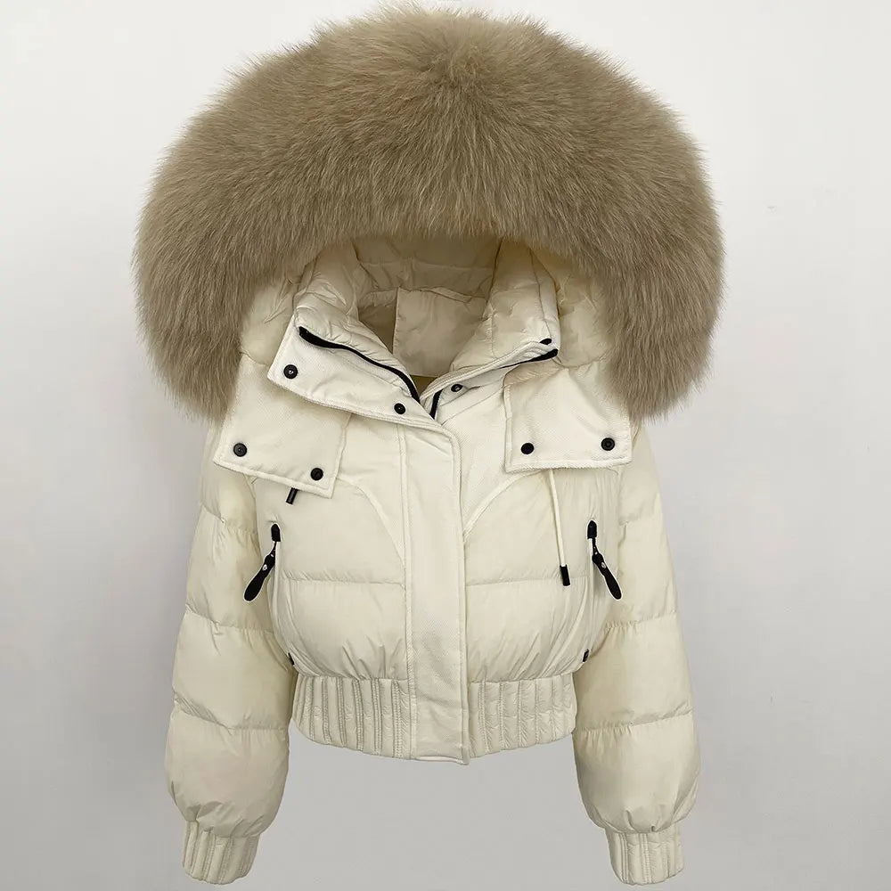 Short Hooded Down Coat with Real Raccoon Fox Fur Collar Warm and Casual