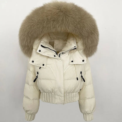 Short Hooded Down Coat with Real Raccoon Fox Fur Collar Warm and Casual