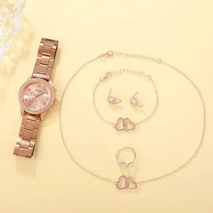 6st set Rose Gold Luxury Watch Dam Ring Halsband Örhänge Strass Mode Armbandsur Casual Dam Armband Klockor