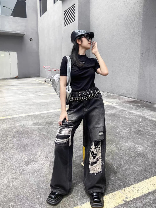 Black Baggy Ripped Jeans Gothic Y2K Aesthetic Vintage Style