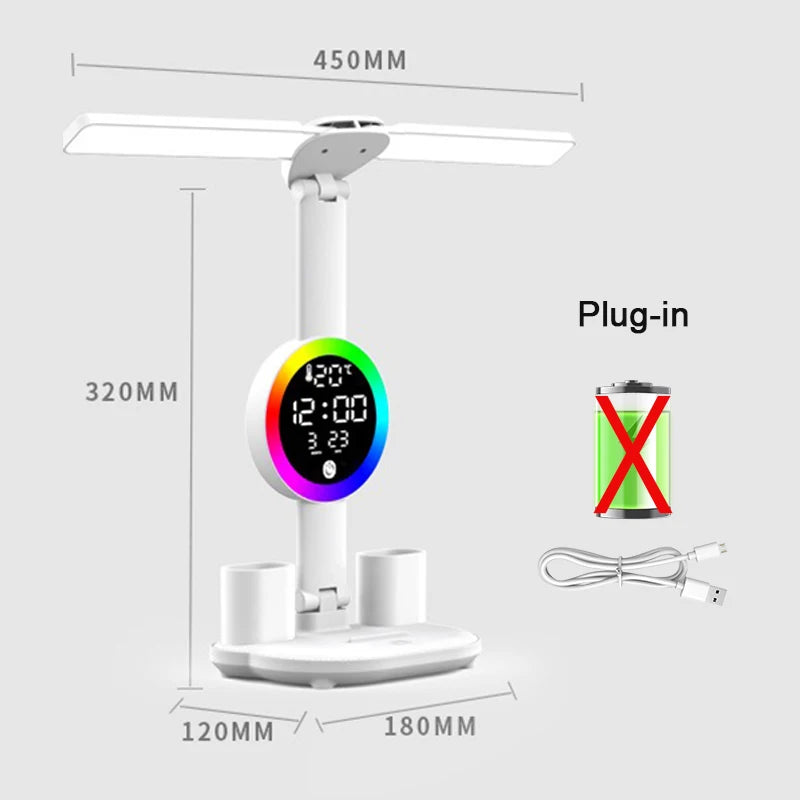 Uppladdningsbar LED-bordslampa med fläkt – Skrivbordsläslampa, nattlampa och klockdisplay