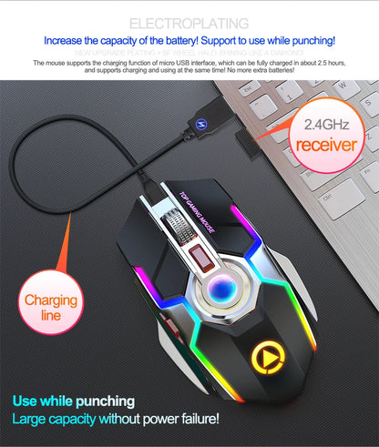 A5 Wireless Gaming Mouse 2.4G USB 7Buttons 1600DPI RGB Backlit Rechargeable Gamer Silent Mouse Gamer Mute Mice for PC Laptop