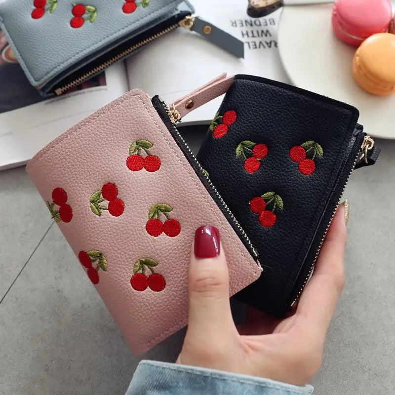 Women Vertical Buckle Cherry Embroidered Small Short Wallet – Simple Wallet, Girls Zipper Purse.