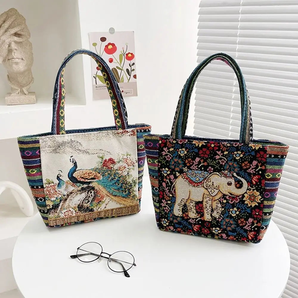 Fashion Women's Canvas Handbag - Animal Ethnic Style Embroidered Tote Bag with Elephant, Peacock, and Rabbit Designs