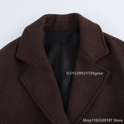 Women's Brown Long Coat in Wool Blend with Long Sleeves