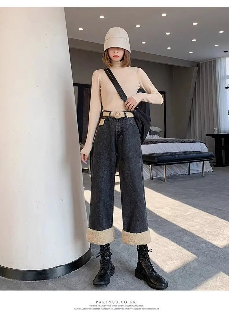 Lamb Wool Wide Leg Jeans for Women Fluffy Autumn and Winter New Styles Internet Famous Outfit Cropped Straight Leg Pants Trendy