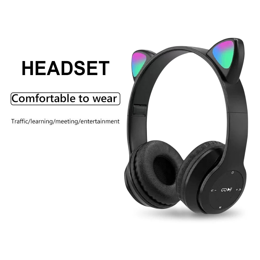 Söta Cat Ear-hörlurar med RGB LED-ljus Trådlöst Headset Barn Flickor Stereo Telefon Musik Bluetooth Headset PC Gamer Present