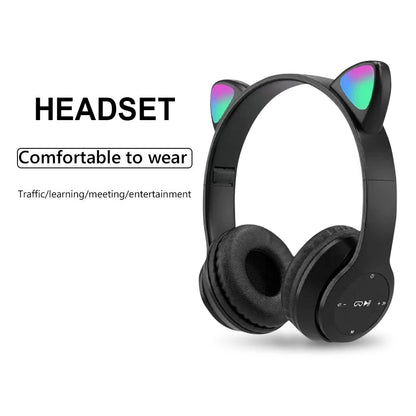 Cute Cat Ear Headphones with RGB LED Light Wireless Headset Kids Girls Stereo Phone Music Bluetooth Headset PC Gamer Gift