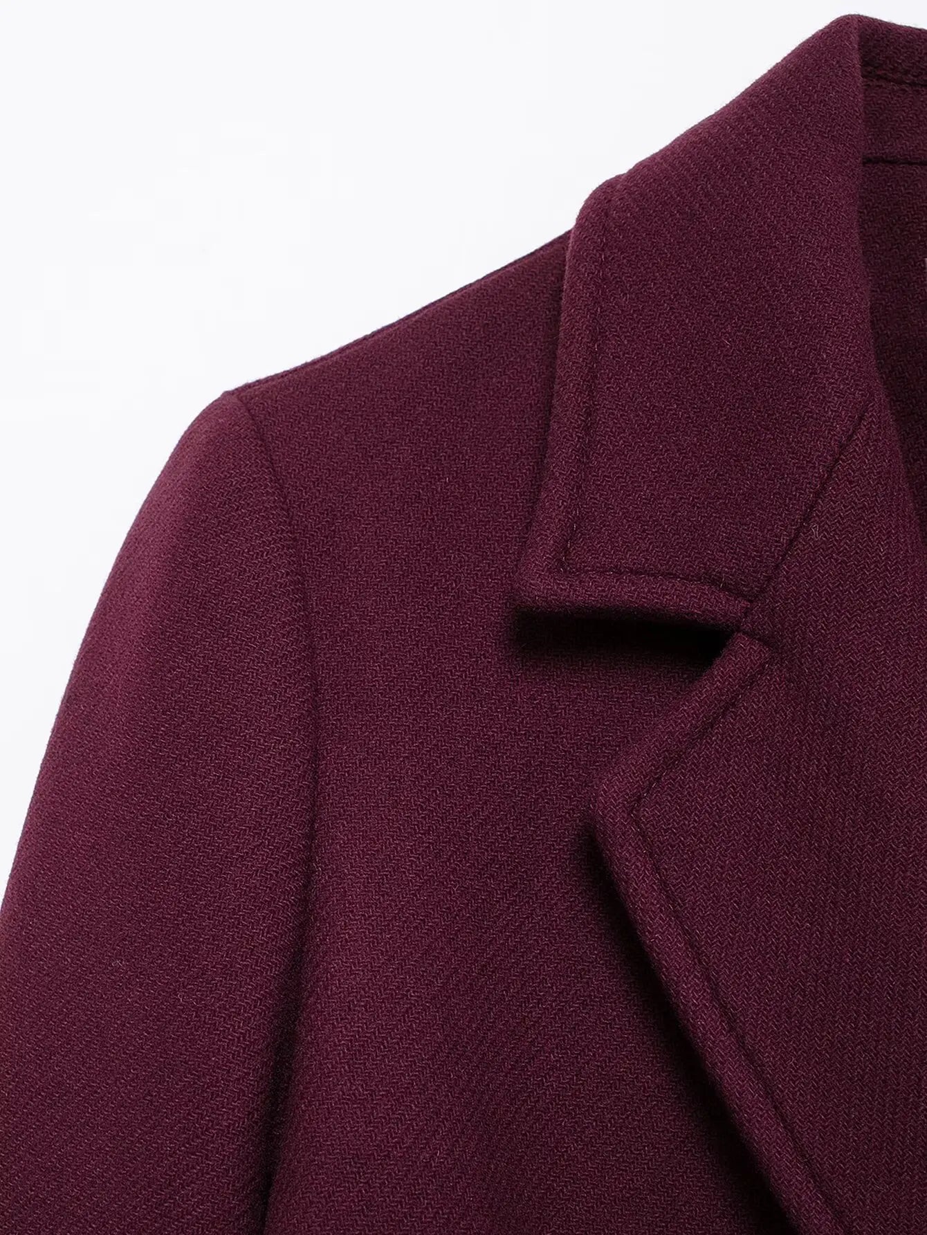 Elegant Burgundy Woolen Coat with Turn Down Collar and Double Breasted Design