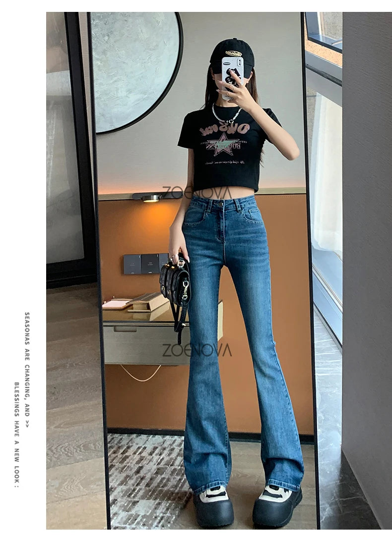 ZOENOVA Harajuku Street Casual Simple Solid Color Women's Jeans 2024 New Fashion Lady High Waist Slim VersatileMicro Flare Pants