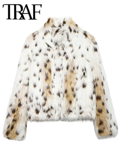 Elegant Printed Faux Fur Coat Long Sleeve Fluffy and Warm