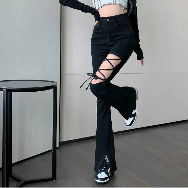 Flared Pants for Women Leggings Skinny Ripped Sexy Vintage Denim Women's Summer Trousers Bell Bottom Jeans Woman Black Trend Hot