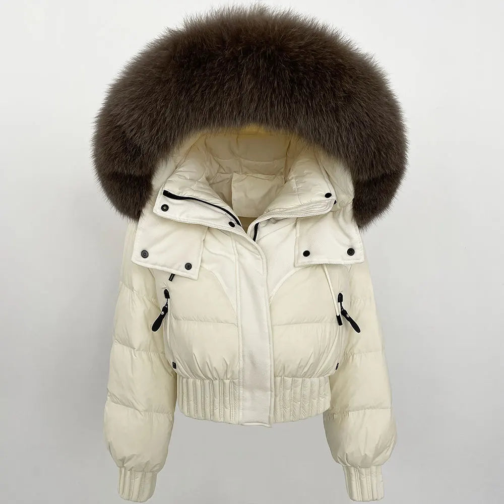 Short Hooded Down Coat with Real Raccoon Fox Fur Collar Warm and Casual