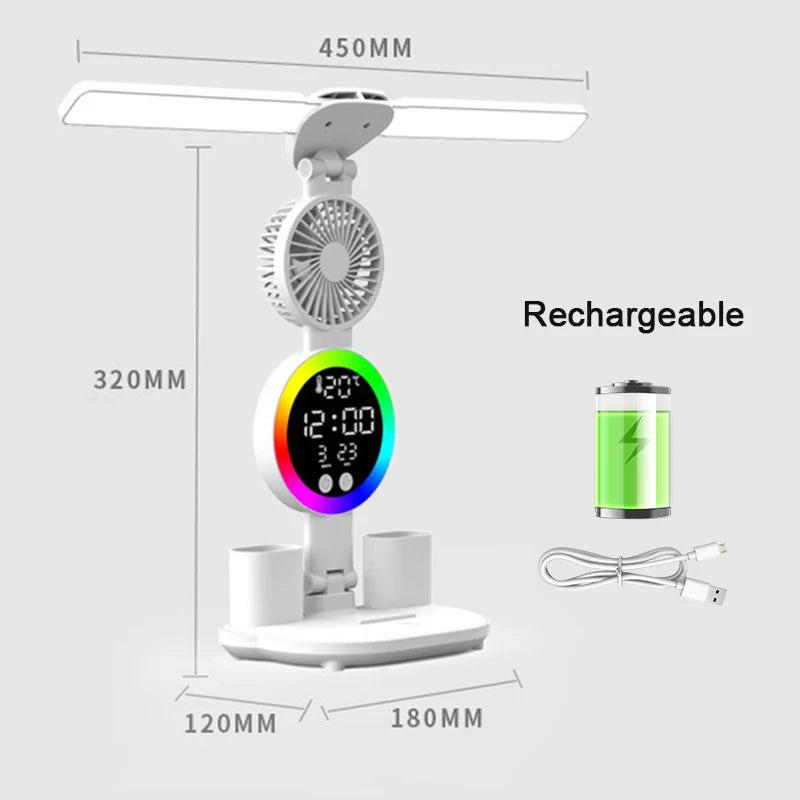 Uppladdningsbar LED-bordslampa med fläkt – Skrivbordsläslampa, nattlampa och klockdisplay