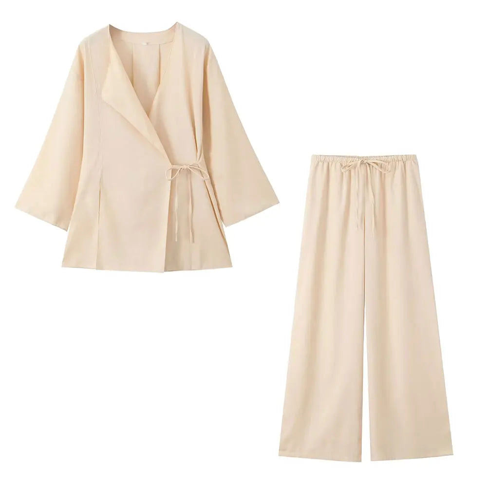 Linen Shirt and Pleated Pants Set with Belted Kimono Top Stylish and Light