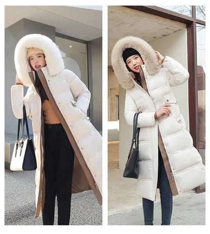 Extra Long Padded Parka with Faux Fur Collar Loose Fit