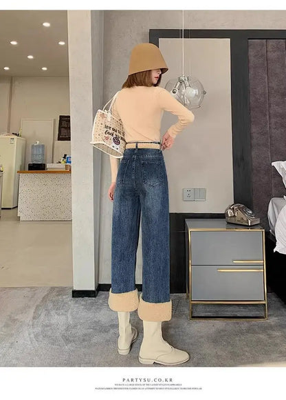 Lamb Wool Wide Leg Jeans for Women Fluffy Autumn and Winter New Styles Internet Famous Outfit Cropped Straight Leg Pants Trendy