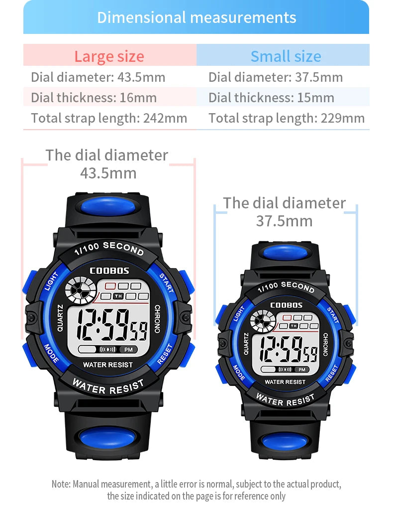 COOBOS Brand Barnklocka Sport Digital klocka för barn Pojkar Flickor Student 30M Vattentät multifunktionell LED-armbandsur