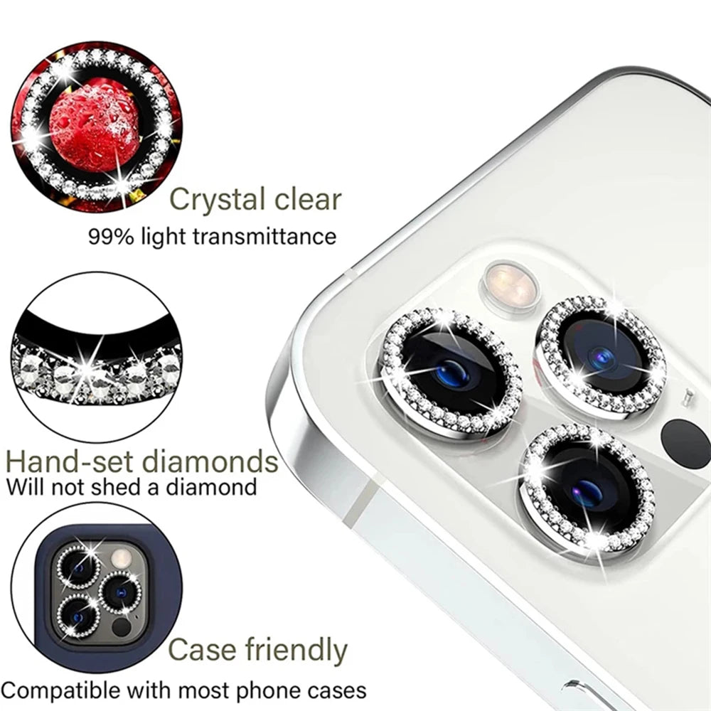 Diamond Glitter Camera Protection For Iphone 16 15 14 13 11 Pro Max Plus Lens Tempered Glass On Iphone 13 11 Pro Max Metal Ring