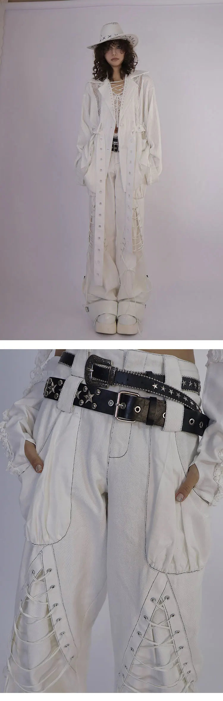 Y2K Low Waist White Jeans with Bandage Detail and Baggy Fit