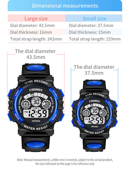 COOBOS Brand Barnklocka Sport Digital klocka för barn Pojkar Flickor Student 30M Vattentät multifunktionell LED-armbandsur