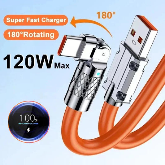 120w 7A snabbladdning usb typ C datakabel 180 graders roterande spelarmbågskabel för Xiaomi mobiltelefon laddare usb datakabel