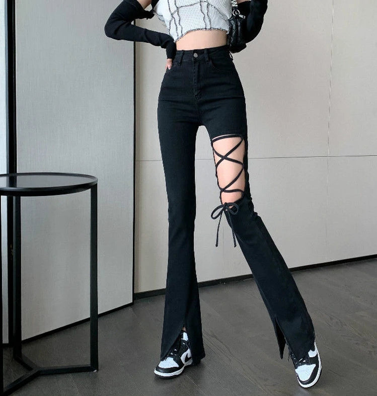 Flared Pants for Women Leggings Skinny Ripped Sexy Vintage Denim Women's Summer Trousers Bell Bottom Jeans Woman Black Trend Hot