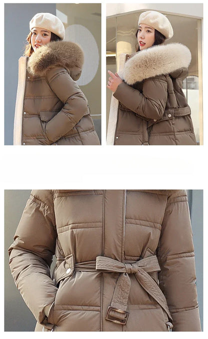 Extra Long Padded Parka with Faux Fur Collar Loose Fit