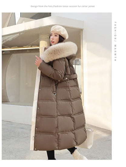 Extra Long Padded Parka with Faux Fur Collar Loose Fit