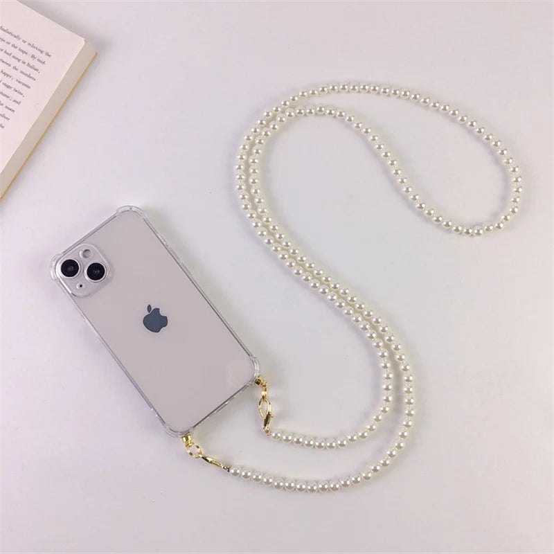 Lyxigt koreanskt Crossbody Pearl Chain telefonfodral med transparent skal och rem för iPhone