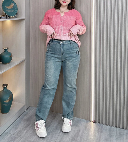 High Waist Straight Leg Jeans with Embroidery Loose and Retro Style